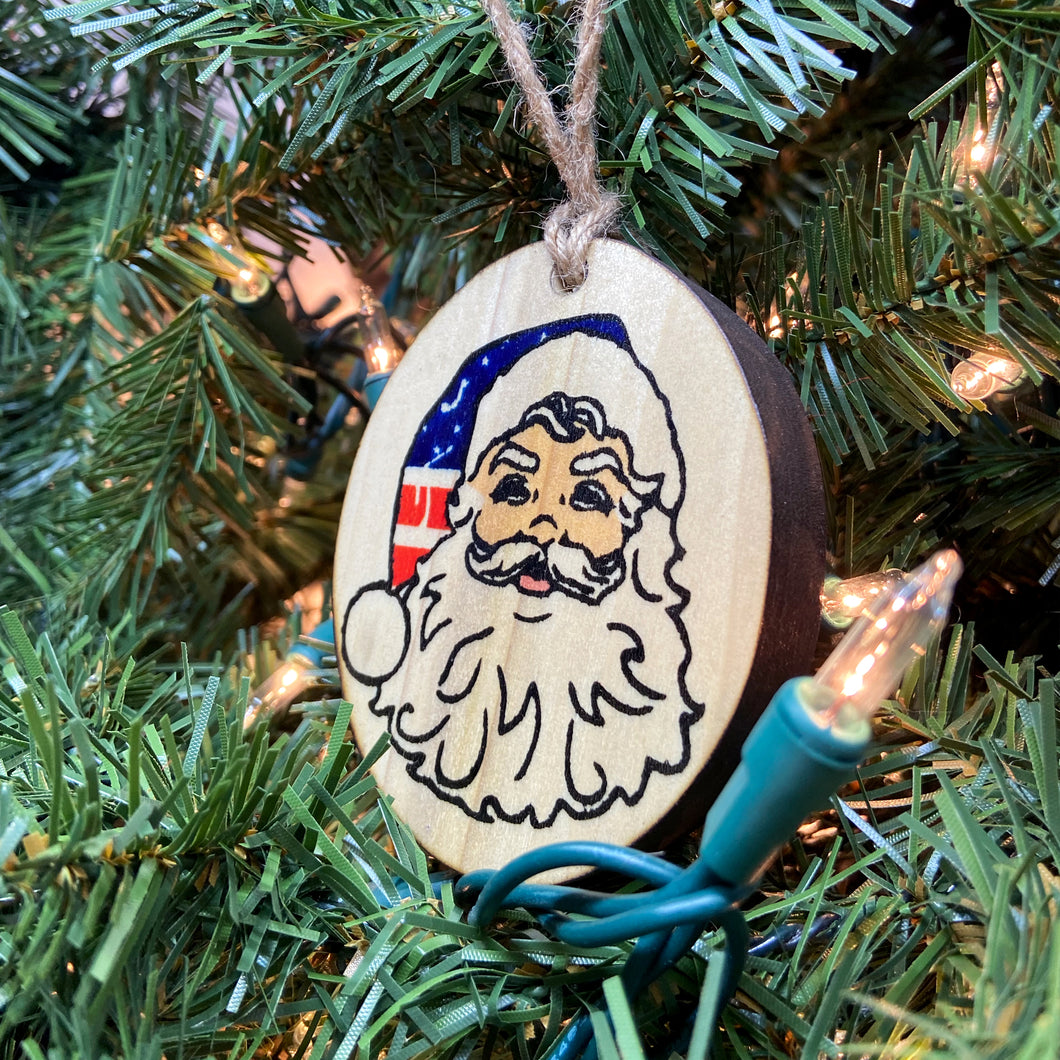 Patriotic Santa Wooden Ornament, USA Made