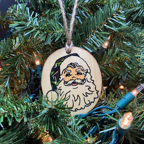 Camo Santa Wooden Ornament, USA Made