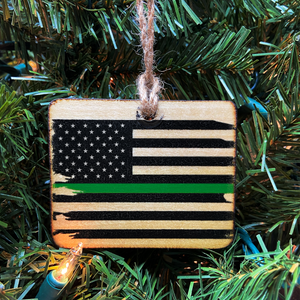 Thin Green Line American Flag Wooden Ornament, USA Made