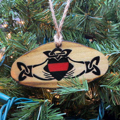 Thin Red Line Claddagh Wooden Ornament, USA Made