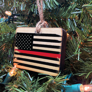 Thin Red Line American Flag Wooden Ornament, USA Made